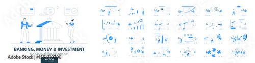 Banking, money and economic. Flat vector line illustrations of business people work. Stock market infographic, financial growth, payment concepts. Trade, invest, graph chart, budget planning icon set