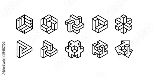 Abstract 3d geometric shapes. Brutal isometric illusion figures. Cube arrow symbol. Graphic design elements set. Vector logistic business icon . Logo for finance, construction, technology company.