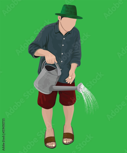agriculturist watering cartoon shape on green background vector design