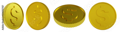 The 3D render image of dollar coin in gold material isolate on white