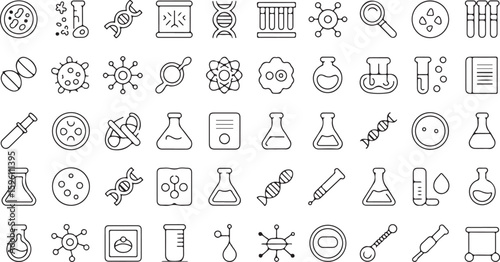A collection of black and white line icons for science, chemistry, and medical research