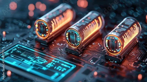 Battery replacement electronics concept. Battery management system, holographic performance data, dark cyberpunk background