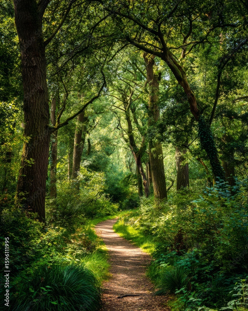 Fototapeta premium Forest nature trail surrounded by vibrant green trees