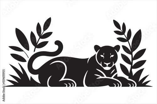 Black Panther Illustration Lying In Grass With Leaves Isolated Vector Graphic.