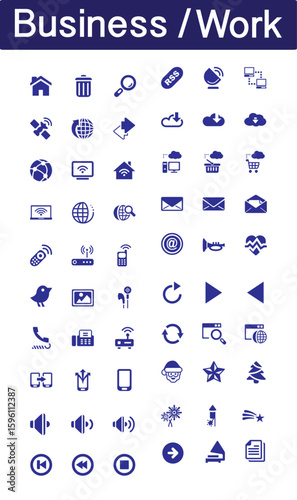 Business work icon collection in blue colour vector