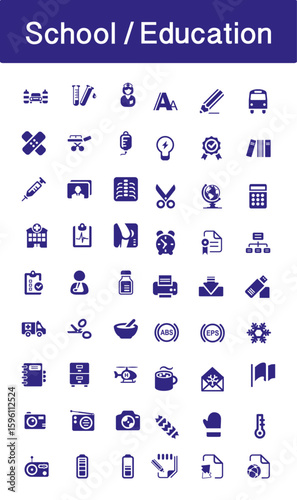 School and Education icon collection in blue colour vector