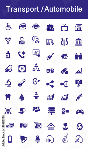 Transport and Automobile icon collection in blue colour vector