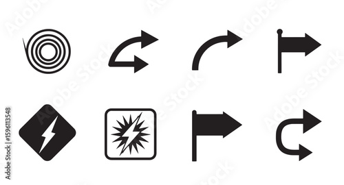 Collection of minimalistic black icons featuring arrows and miscellaneous graphic design elements