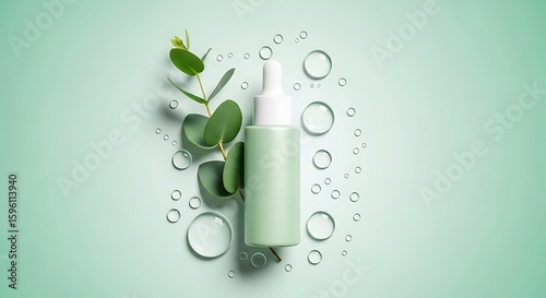 Green dropper bottle with eucalyptus leaves and water droplets on a light green background