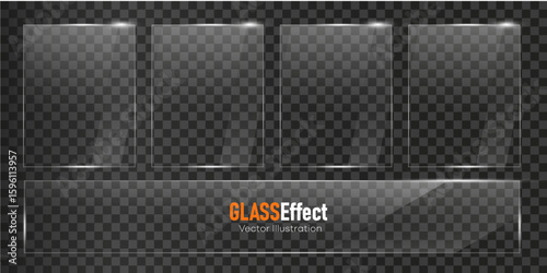 Glass plate frame Glossy window glass with reflections isolated on transparent surface	