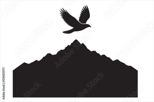 Eagle Silhouette Flying Above Mountain Range Black And White Nature Graphic.