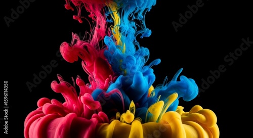 Vibrant Abstract Ink Explosion: Dynamic Colors in a Black Background Composition