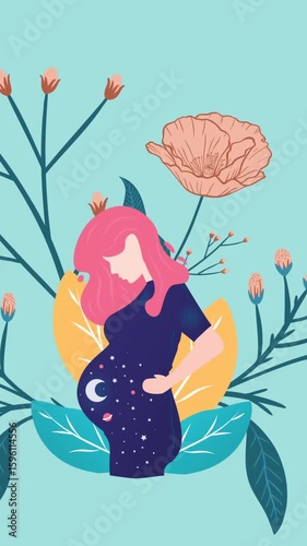 Animation of figure of pregnant woman with moon on belly and pink flowering plant on blue background