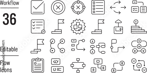 A collection of workflow and process management thin line icons.