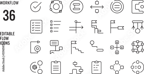 A collection of workflow and process management linear vector icons