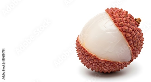 A single peeled lychee fruit with its rough red skin on a white background