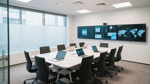 Modern conference room with large display screens showing data analytics and world map