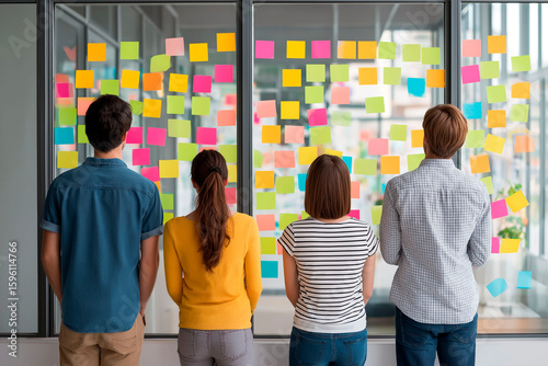 Team of four people brainstorming ideas in front of glass wall covered with colorful sticky notes in office