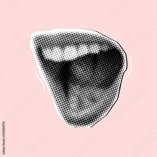 Halftone female shouting mouth on pastel pink background,cut out element for collage