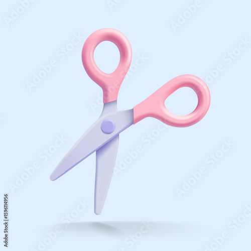 3D vector pastel scissors with pink handles and light blades on soft blue background, symbolizing cutting, tools or crafting.
