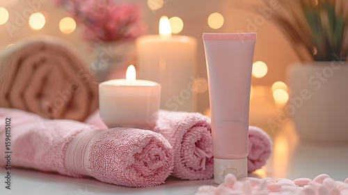 Gentle Pink Skincare Product Placement with Soft Lighting and Candles Creating a Relaxing Spa Ambiance
