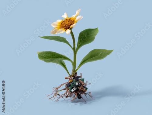 Conceptual image: A blooming flower with roots composed of discarded electronics, circular tech economy. E-waste, transformation. Symbolic, vibrant.