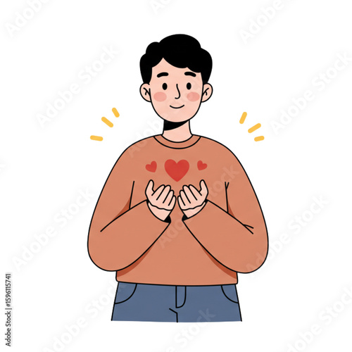 Cartoon man making a heart gesture with his hands wearing a sweater with heart designs