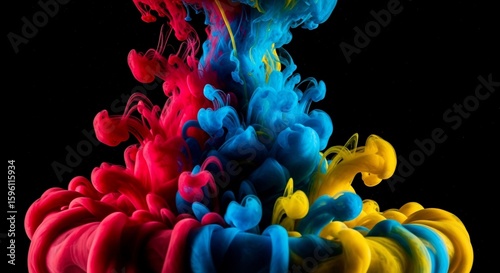 Vivid plumes of red, blue, and yellow ink swirling in a dark abyss