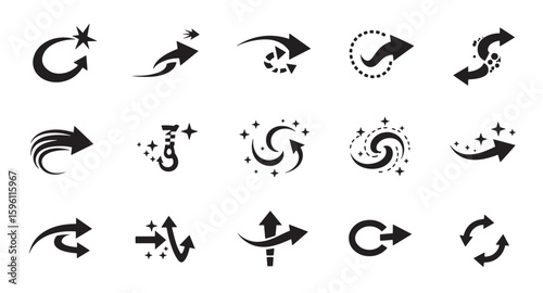 Set of black and white arrow icons showing different directions and movements