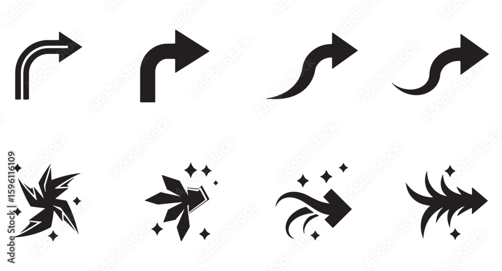 Fototapeta premium Set of eight diverse black arrows in various styles and directions with sparkle accents