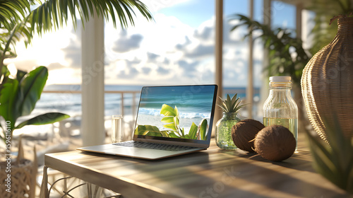 Coastal Workspace With Macbook Coconut Water I
