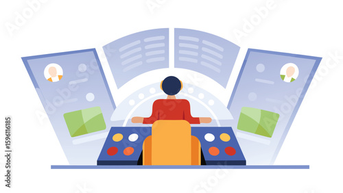 Person in control room with multiple screens and control panels operating a complex system design