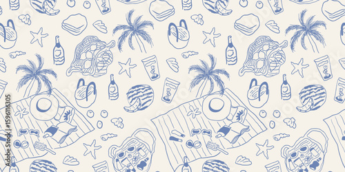 seamless pattern with stuff on beach in sketch hand drawn style. Element for design print poster background wallpaper wrapping packaging banner backdrop textile
