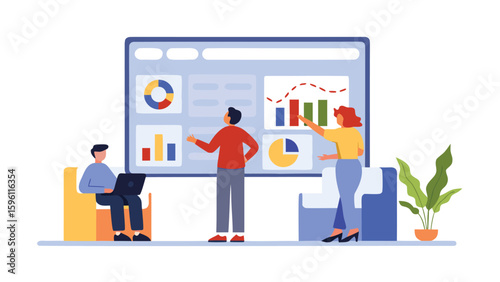 People analyzing data on a screen with charts and graphs in a business presentation setting shown here