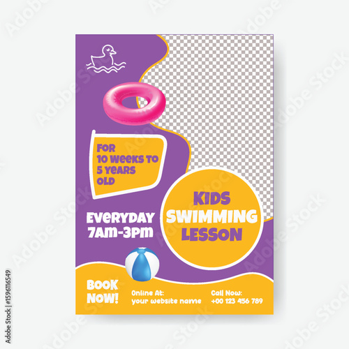 Swimming Lesson Services and kids party print flyer or poster design, kids Swimming Lesson and summer camp leaflet, brochure cover vector template design