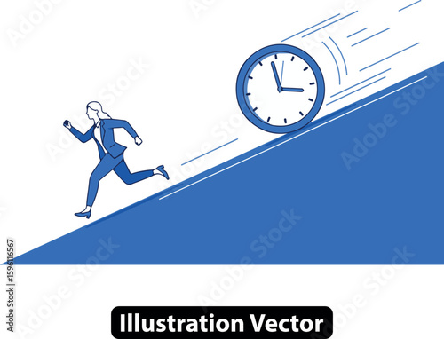 Deadline Pressure A Businesswoman Races Against the Clock Rolling Downhill, Emphasizing Time Management Challenges