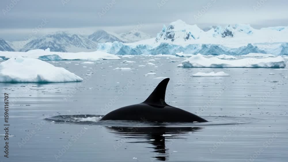 Orca Whale Surfacing in Icy Antarctic Waters: Majestic Wildlife. Orca Whale Surfacing in Icy Antarctic Waters: Majestic Wildlife.
