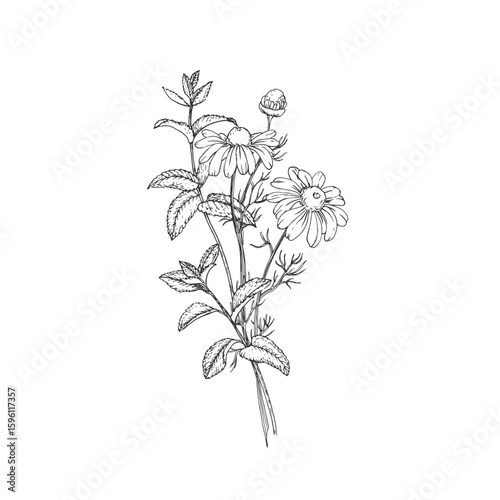 Calming herbs vector illustration hand drawn in ink. Graphic image with chamomile and mint. Template for design of herbal tea and aromatic oils