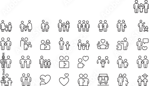 Set of family and relationship line art icons. Minimalist pictograms depicting people, couples, parents, and community.