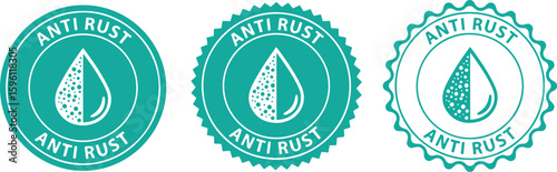 Teal anti rust seal with water drop stamp protection, anti rust, seal, stamp, protection, metal, corrosion, prevention, water drop, liquid, teal, turquoise, white, graphic, icon, symbol, design, circu