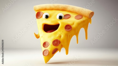 Happy Cheesy Pizza Slice Character with Pepperoni and Gooey Melted Cheese, Fun Food Art