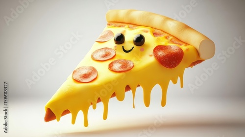 Cute Pepperoni Pizza Slice Character Smiling, With Dripping Cheese on Light Background, A Fun and Whimsical Food Illustration
