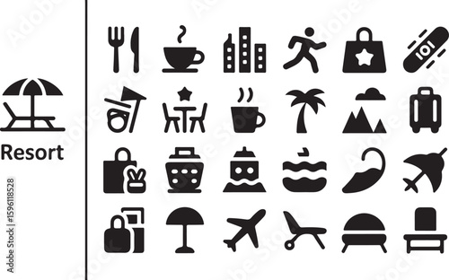 Set of 24 minimalist solid glyph icons for travel, vacation, and resort themes, including food, transport, and leisure symbols.