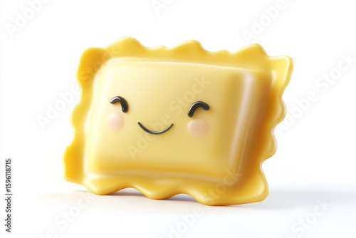 Adorable kawaii ravioli pasta character smiling. A cute and happy food mascot with a cheerful face isolated on a white background.