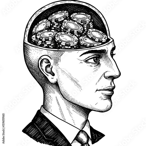 Vintage ink sketch of businessman’s head with casino poker chips inside symbolizing gambling addiction and risky behavior, black and white vector engraving illustration

