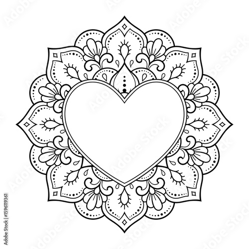 Frame in eastern tradition. Stylized with henna tattoos decorative pattern for decorating covers for book, notebook, casket, magazine, postcard and folder. Flower Heart in mehndi style.