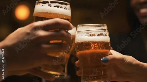 Three beer glasses clink in a toast held by hands