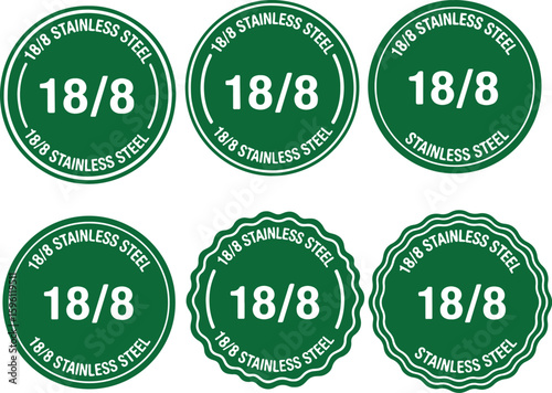 Green circular emblems with white text badge, green, white, circular, emblem, badge, label, stainless steel, metal, material, quality, certification, information, text, graphic, design, symbol, produc