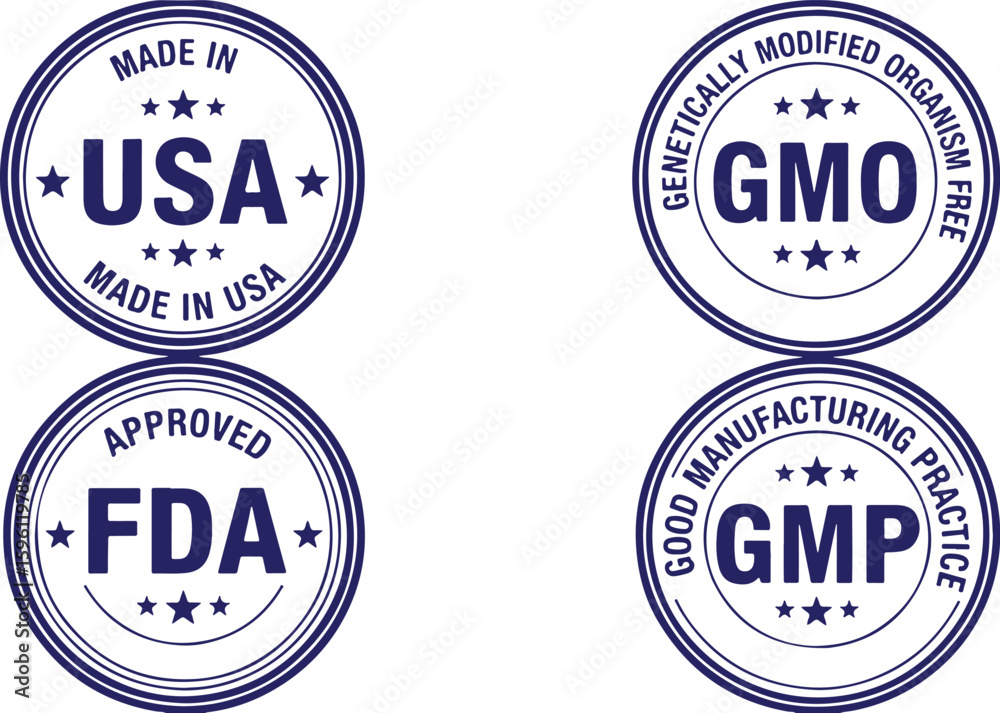 Obraz premium Four Blue Circular Seals With Text And Stars stamp, seal, stamp, blue, white, text, stars, made in usa, gmo free, fda approved, gmp, certification, quality, regulation, standards, manufacturing, food,