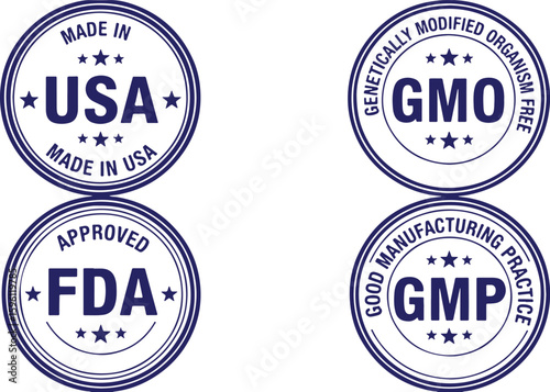 Four Blue Circular Seals With Text And Stars stamp, seal, stamp, blue, white, text, stars, made in usa, gmo free, fda approved, gmp, certification, quality, regulation, standards, manufacturing, food,